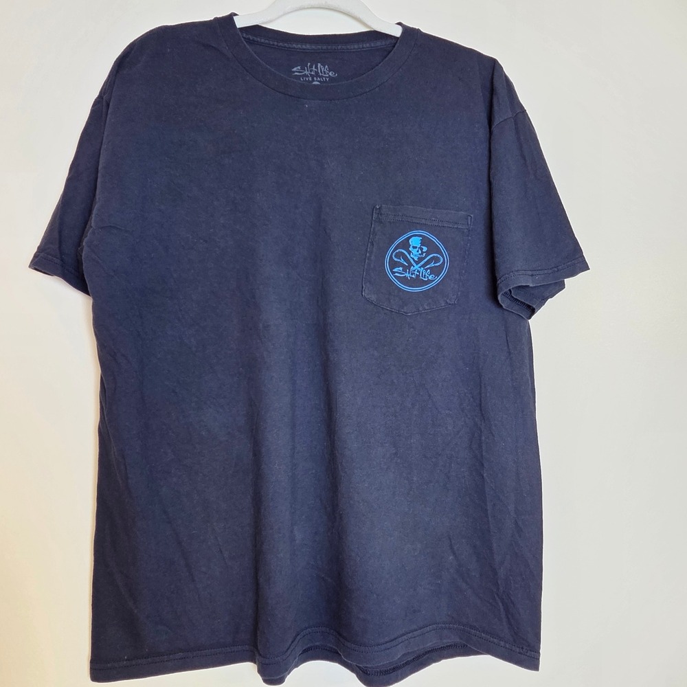 Salt Life Live Salty Skull Fishing Hooks T Shirt Large Navy Blue Cotton Pocket
